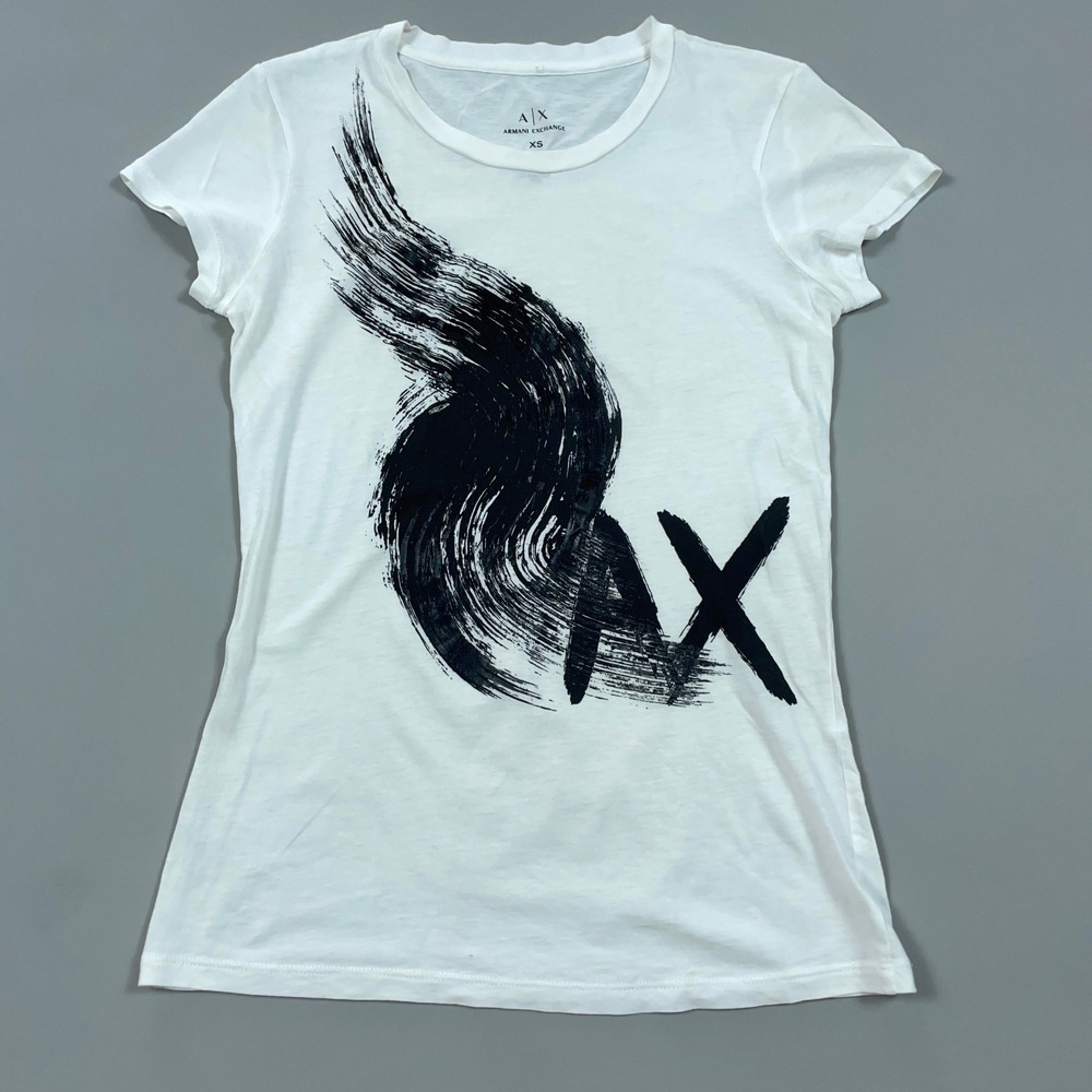 Armani Exchange White Pima Cotton Brushstroke Graphic AX Logo Tee Shirt XS